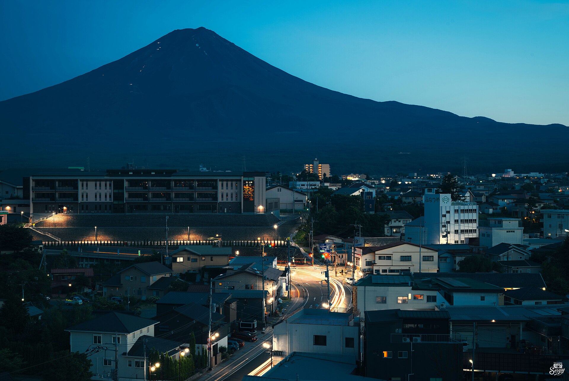 Mount Fuji seen at night from Lake Kawaguchi